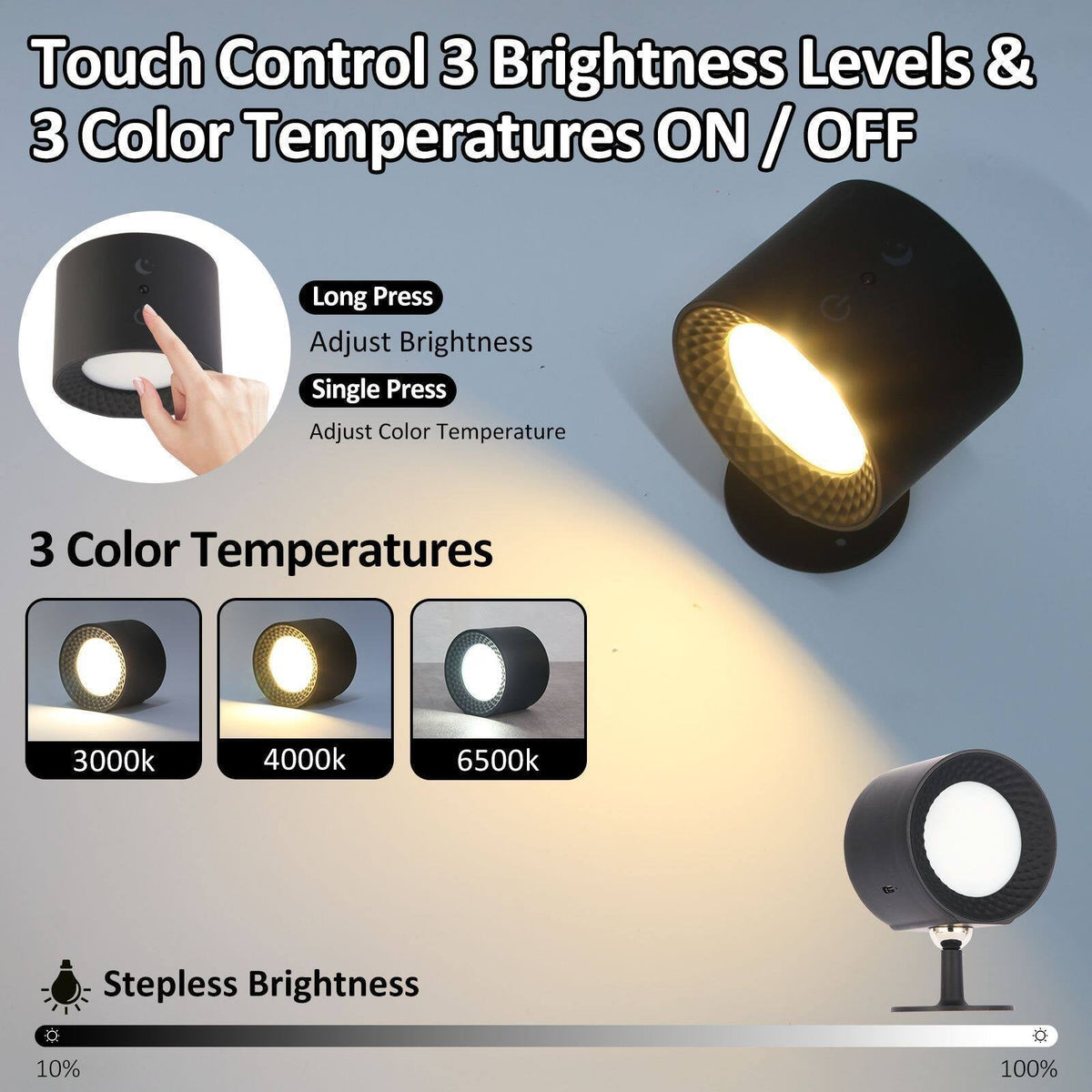 Skanto | Lámpara de pared LED – Recargable, magnética y luz bidireccional para interiores
