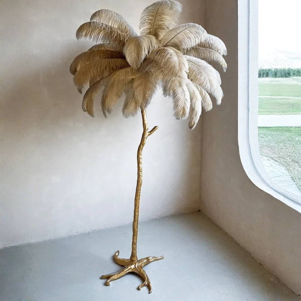 Lámpara de Pie con Pantalla de Plumas Elegante - Lámpara de Trípode Moderna para Sala de Estar
