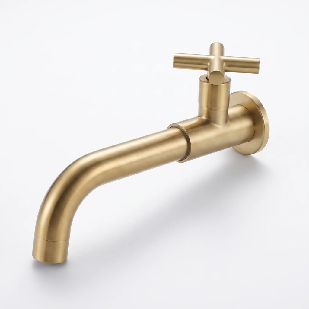 Grifo de baño contemporáneo montado en la pared con manijas cruzadas de acero inoxidable