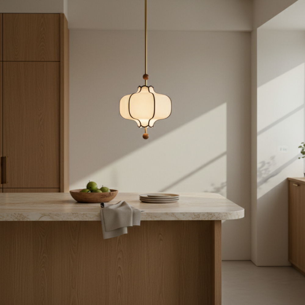 Lanora | Elegante Lámpara Colgante de Tela Moderna para Cocina con Acabados en Nogal