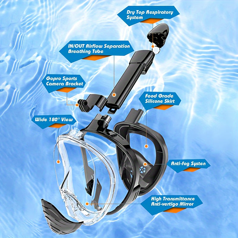 Máscara de Snorkel de Cara Completa – Visión Panorámica de 180° y Montaje para Cámara para una Experiencia Subacuática Perfecta