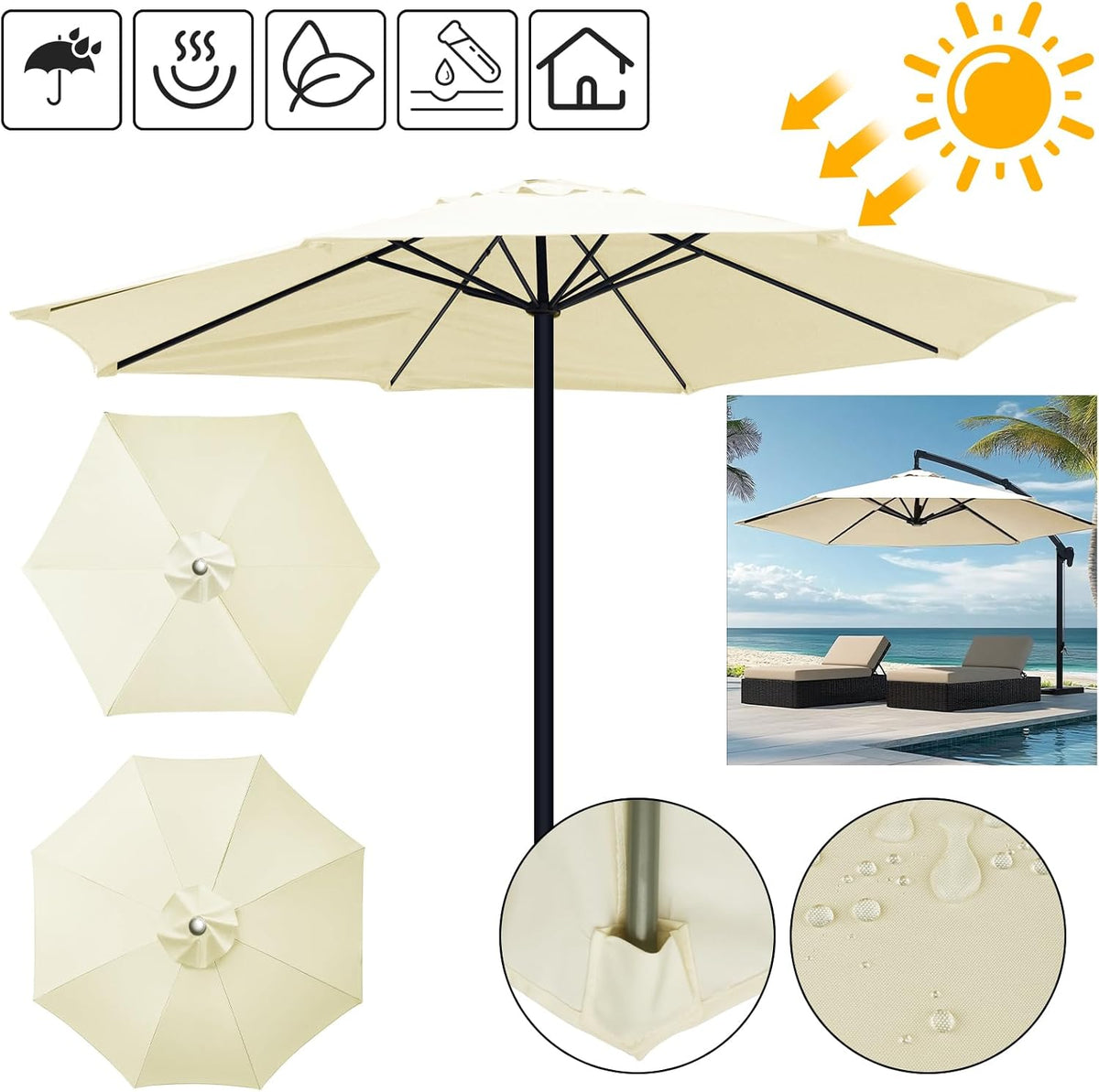 SunViva | Funda de protección solar impermeable de repuesto para sombrillas de 6/8 varillas | Exterior Jardín y Terraza