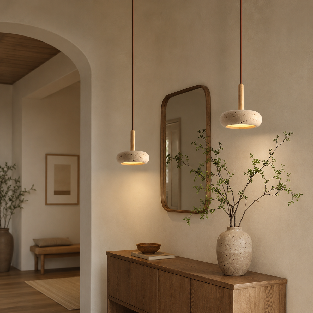 Lámpara Retro Japonesa LED | TranquilHalo | Altura de Suspensión Ajustable | Piedra de Cueva Amarilla & Madera | Ø 15cm Colgante | Max 2m Cable | Montaje Sencillo | Diseño Relajante