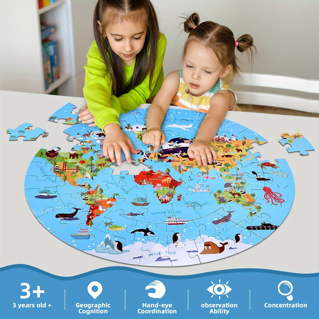 Rompecabezas de Piso de Animales de 70 Piezas – Diseño de Mapa Mundial Redondo para Niños