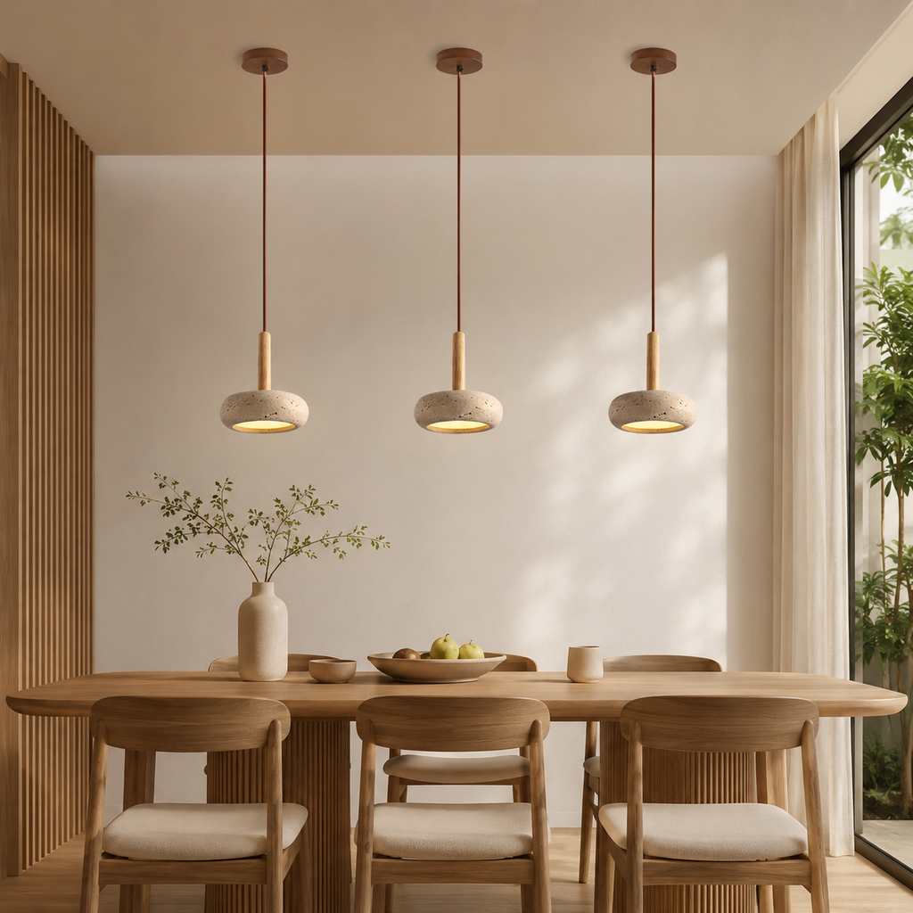 Lámpara Retro Japonesa LED | TranquilHalo | Altura de Suspensión Ajustable | Piedra de Cueva Amarilla & Madera | Ø 15cm Colgante | Max 2m Cable | Montaje Sencillo | Diseño Relajante