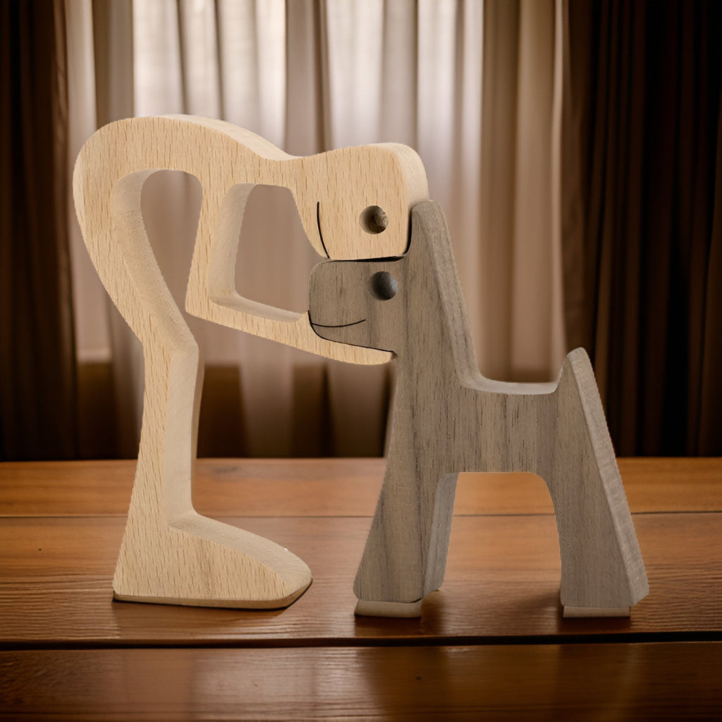 Escultura de madera perro y humano figura artesanal
