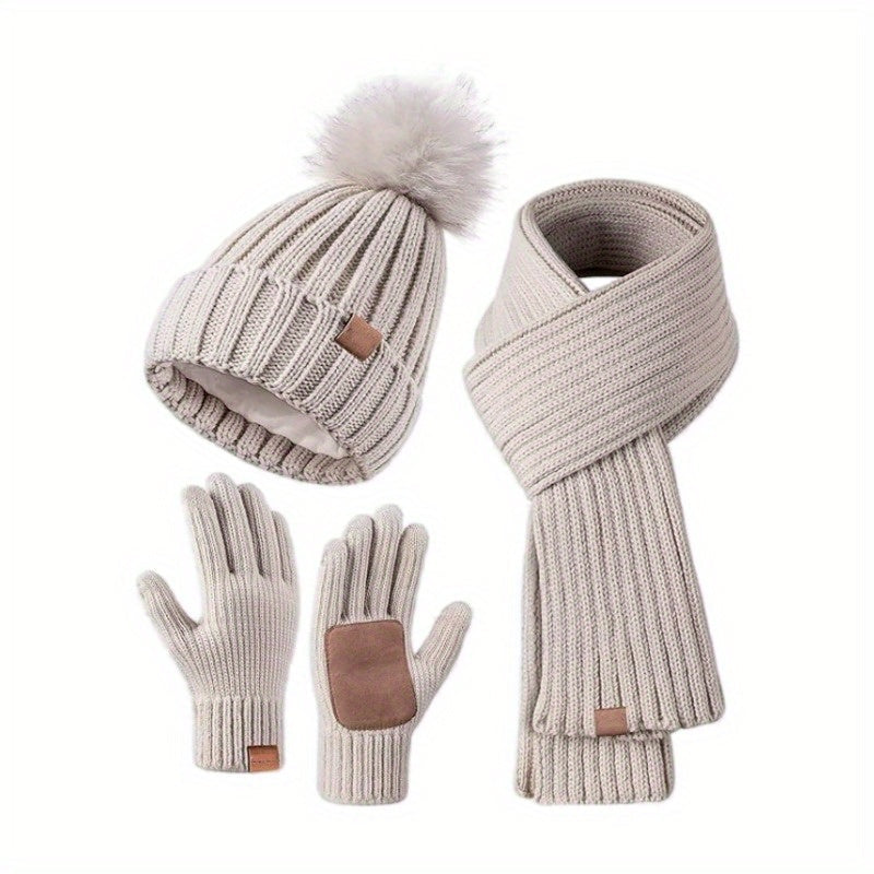 Conjunto de Invierno 3 en 1 con Gorro de Punto, Bufanda y Guantes con Pantalla Táctil – Elegante y Cálido para Días Fríos