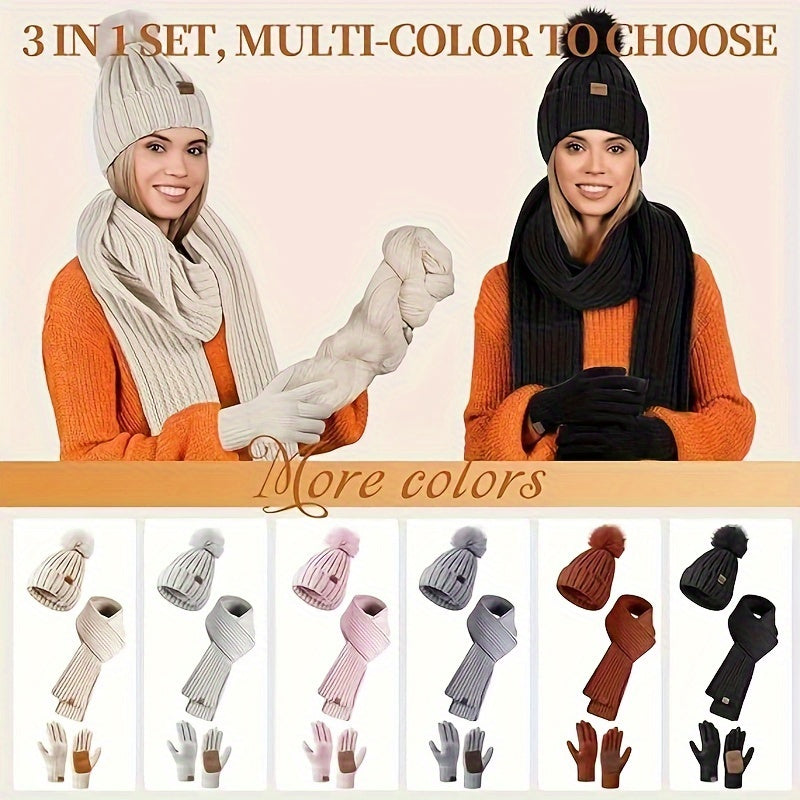 Conjunto de Invierno 3 en 1 con Gorro de Punto, Bufanda y Guantes con Pantalla Táctil – Elegante y Cálido para Días Fríos