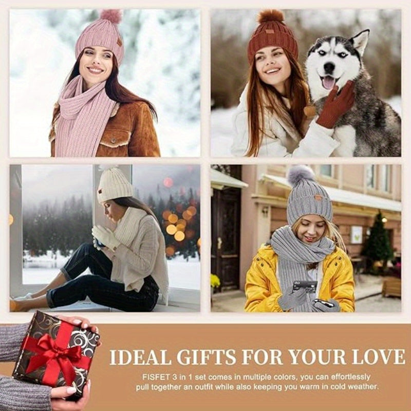 Conjunto de Invierno 3 en 1 con Gorro de Punto, Bufanda y Guantes con Pantalla Táctil – Elegante y Cálido para Días Fríos