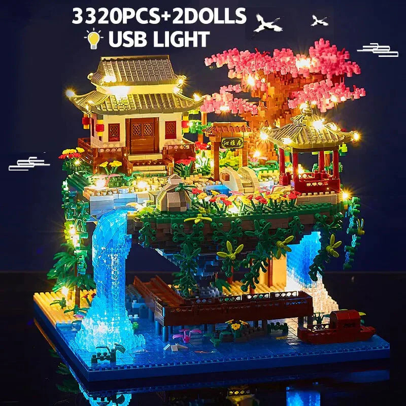 3320PCS Bloques Casa en el Árbol Diamante Construcción Jardín Arquitectura Cascada Luz DIY Ladrillos Juguete para Niños Adultos Regalo