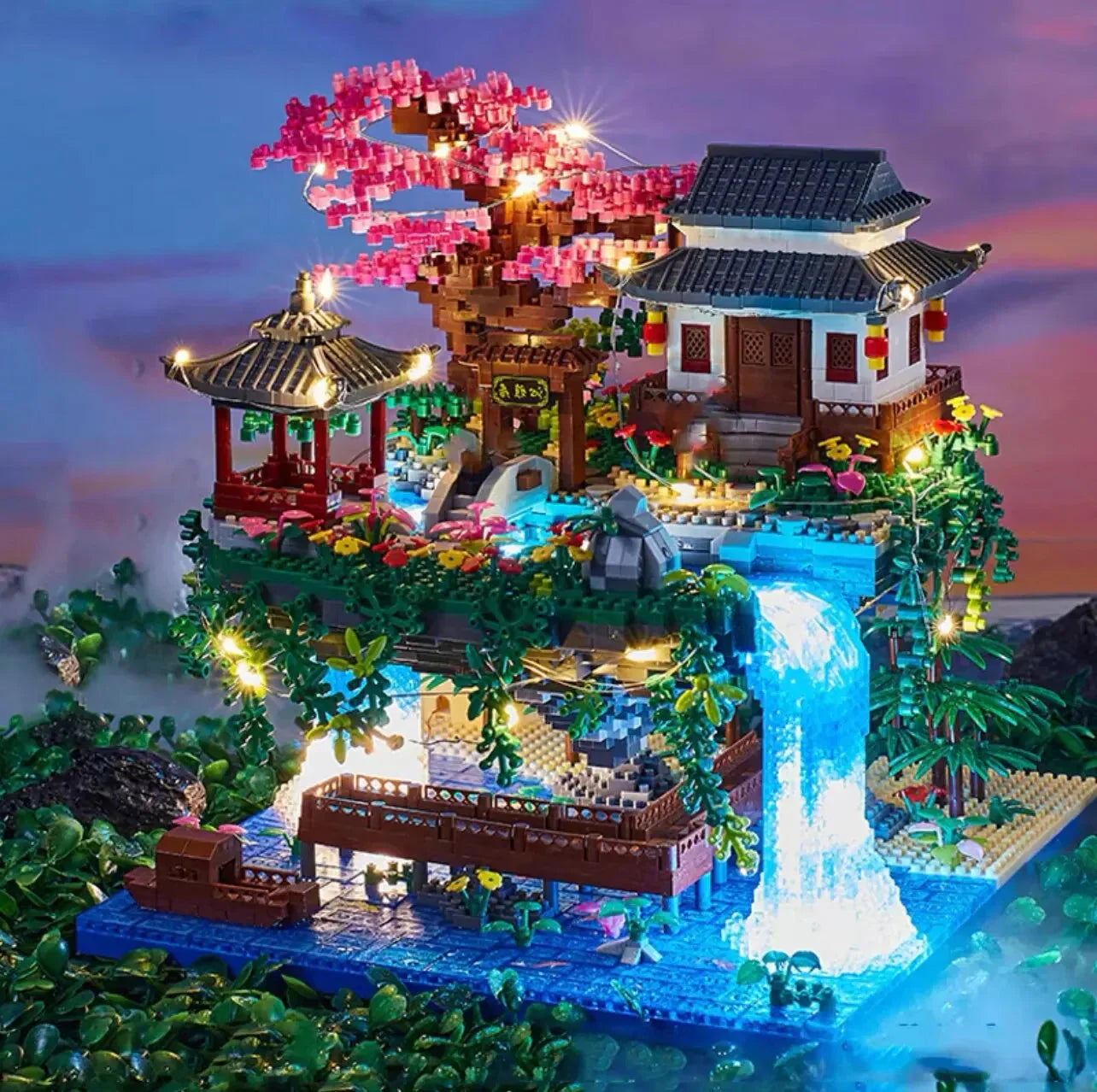 3320PCS Bloques Casa en el Árbol Diamante Construcción Jardín Arquitectura Cascada Luz DIY Ladrillos Juguete para Niños Adultos Regalo