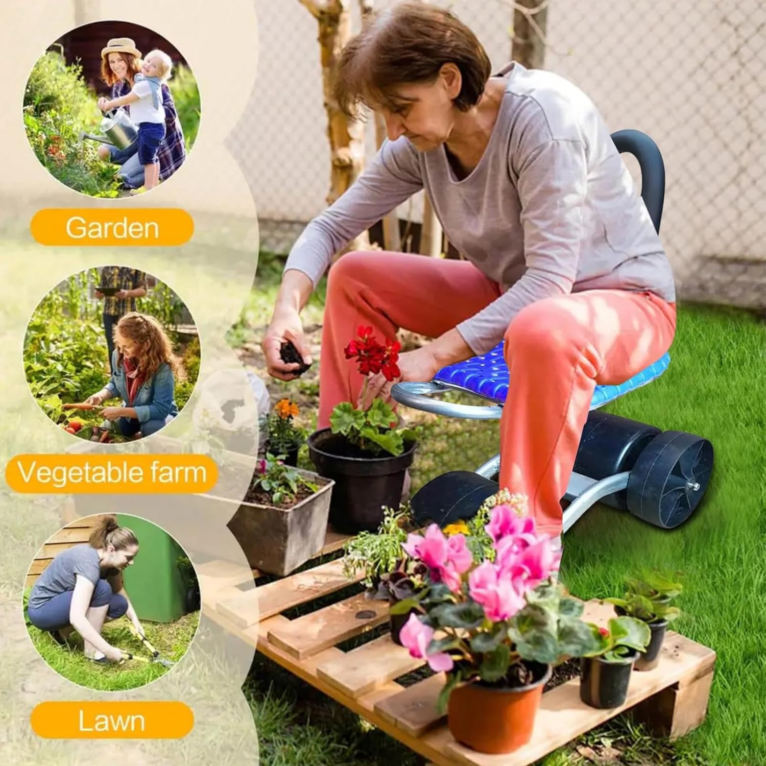 Silla de Jardinería Giratoria 360° con Altura Ajustable – Jardinería Cómoda Sin Agacharse