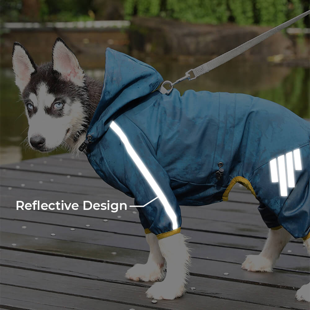 Skanto | Abrigo de lluvia para perros elegante, impermeable y ajustable con franjas reflectantes y capucha