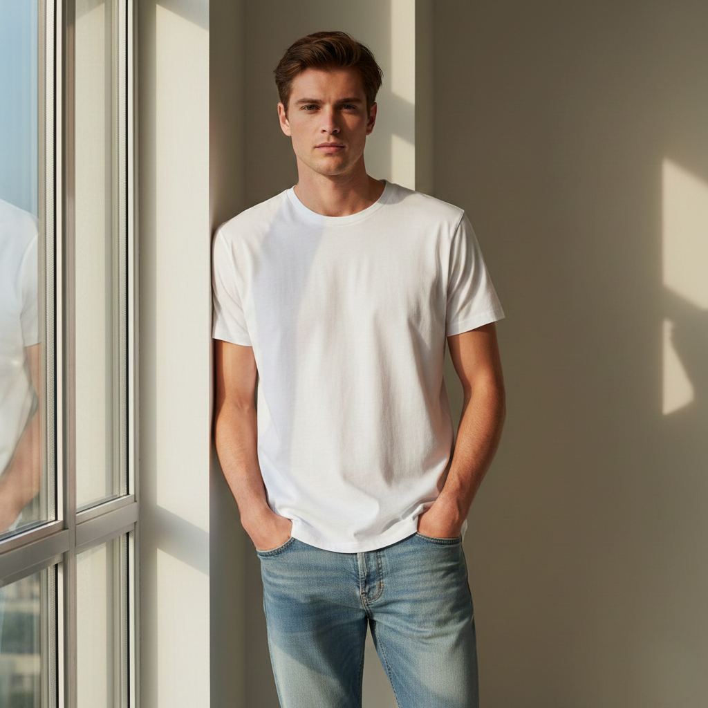 Camiseta blanca lisa de algodón con cuello redondo