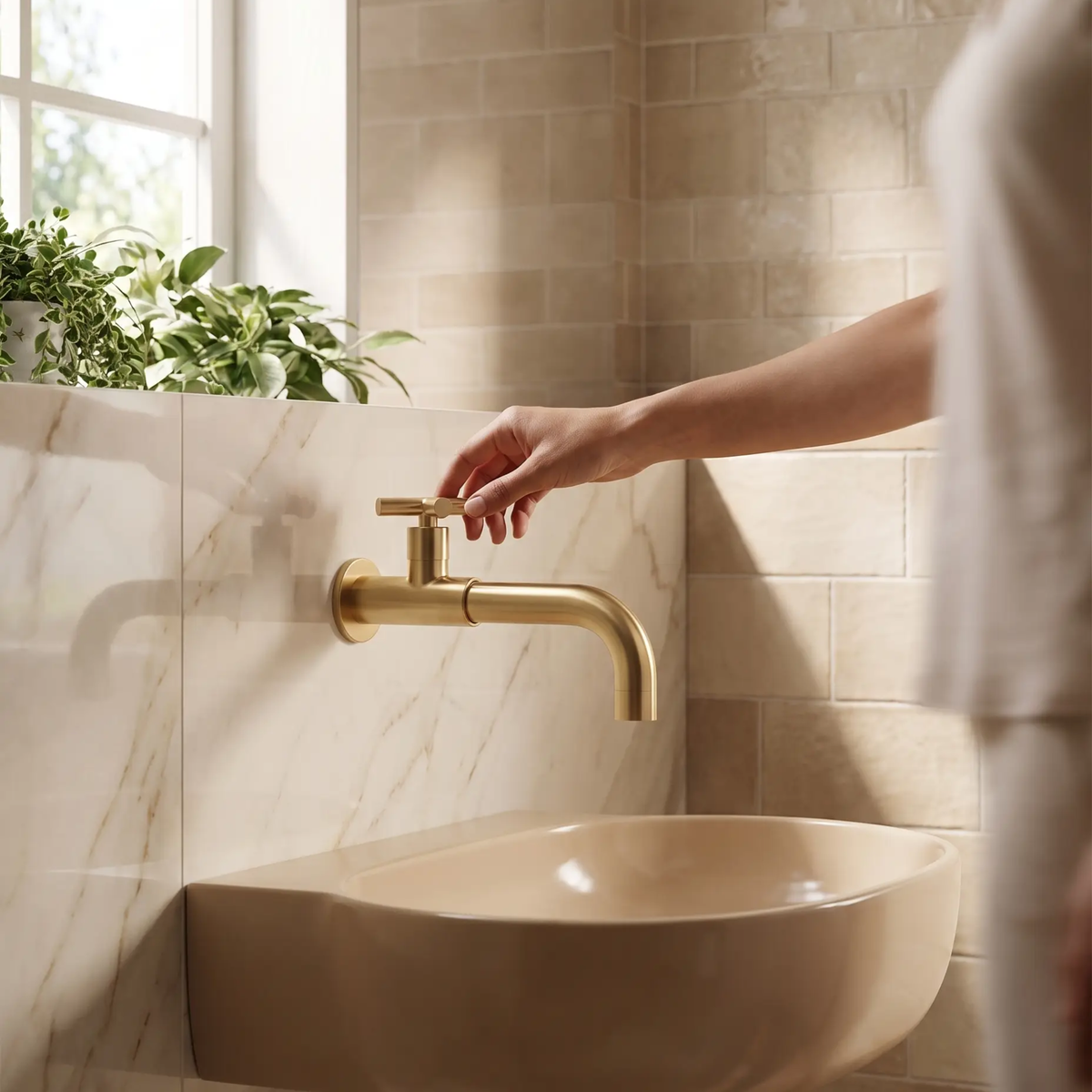 Grifo de baño contemporáneo montado en la pared con manijas cruzadas de acero inoxidable