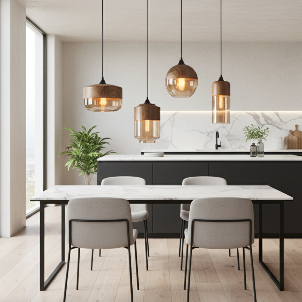 Lámpara de Techo Escandinava NordLuna - F fixture de Luz de Madera con Vidrio Tinteado, Altura Ajustable para Comedores y Espacios Habitables