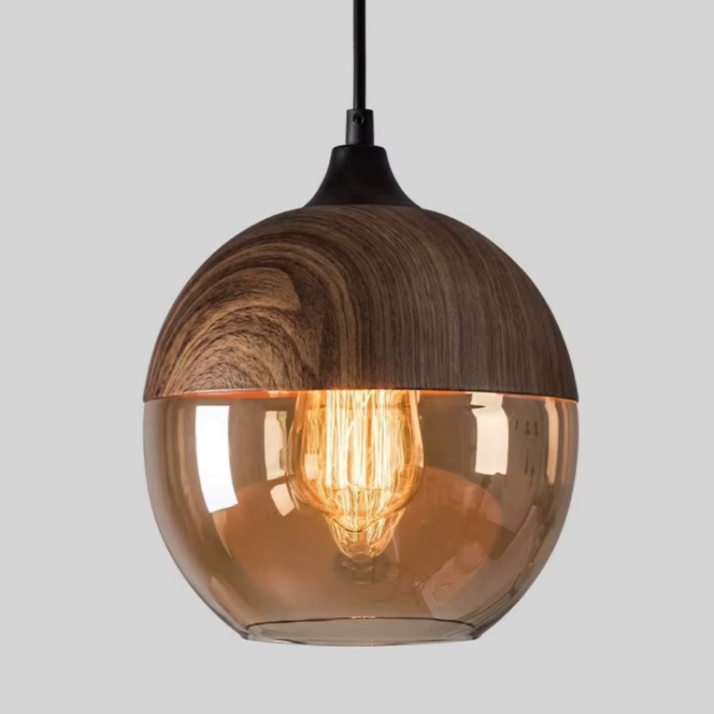 Lámpara de Techo Escandinava NordLuna - F fixture de Luz de Madera con Vidrio Tinteado, Altura Ajustable para Comedores y Espacios Habitables