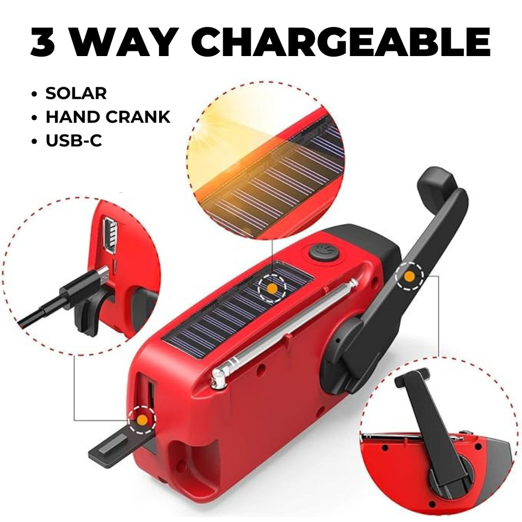 SurvivalWave™ – Radio de Emergencia con Panel Solar y Manivela | 50% DESCUENTO