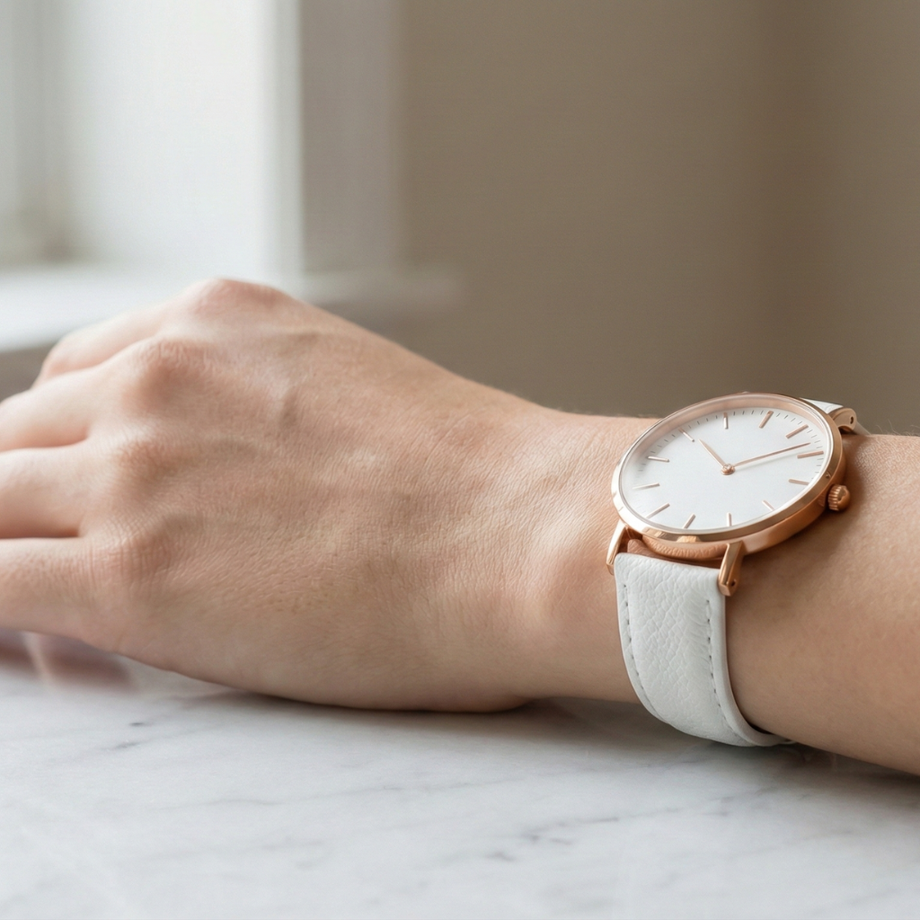 Reloj de pulsera minimalista en oro rosa con correa de cuero blanco