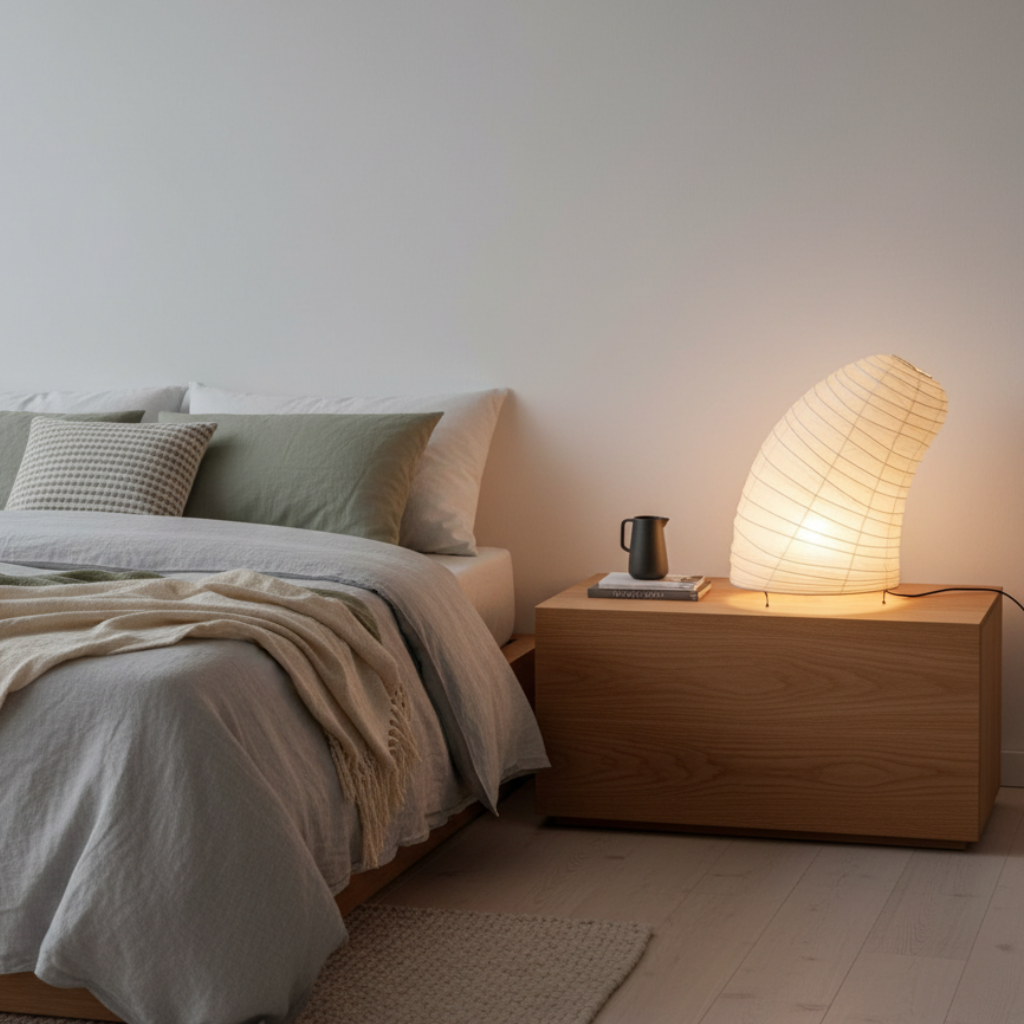 Lámpara de Mesa Akari V8 con Pantalla de Tela Texturizada para Dormitorio y Sala de Estar