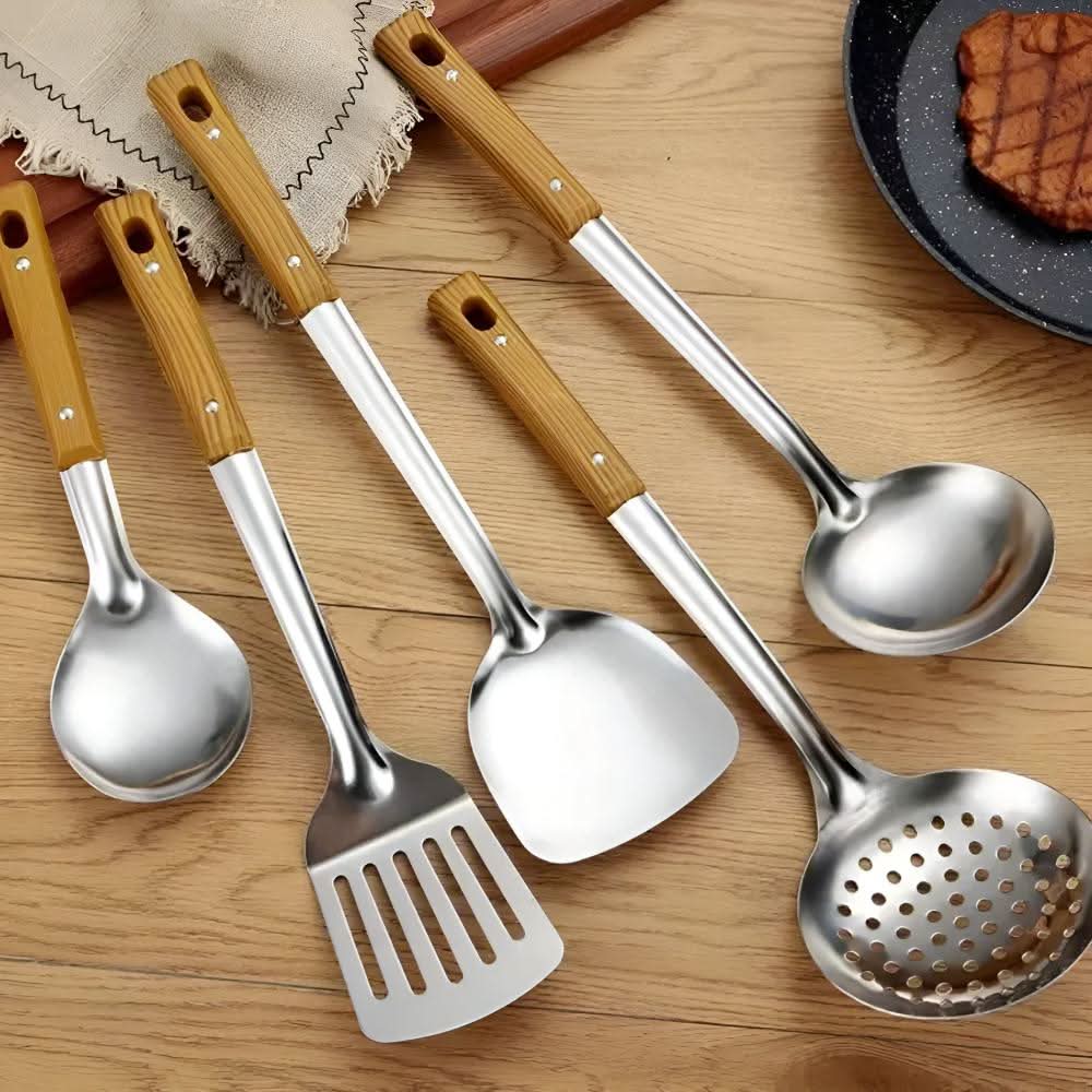 Lisslune | PRESTICOOK – Set de Ayuda en la Cocina hecho de acero inoxidable con mangos de madera, duradero y fácil de cuidar