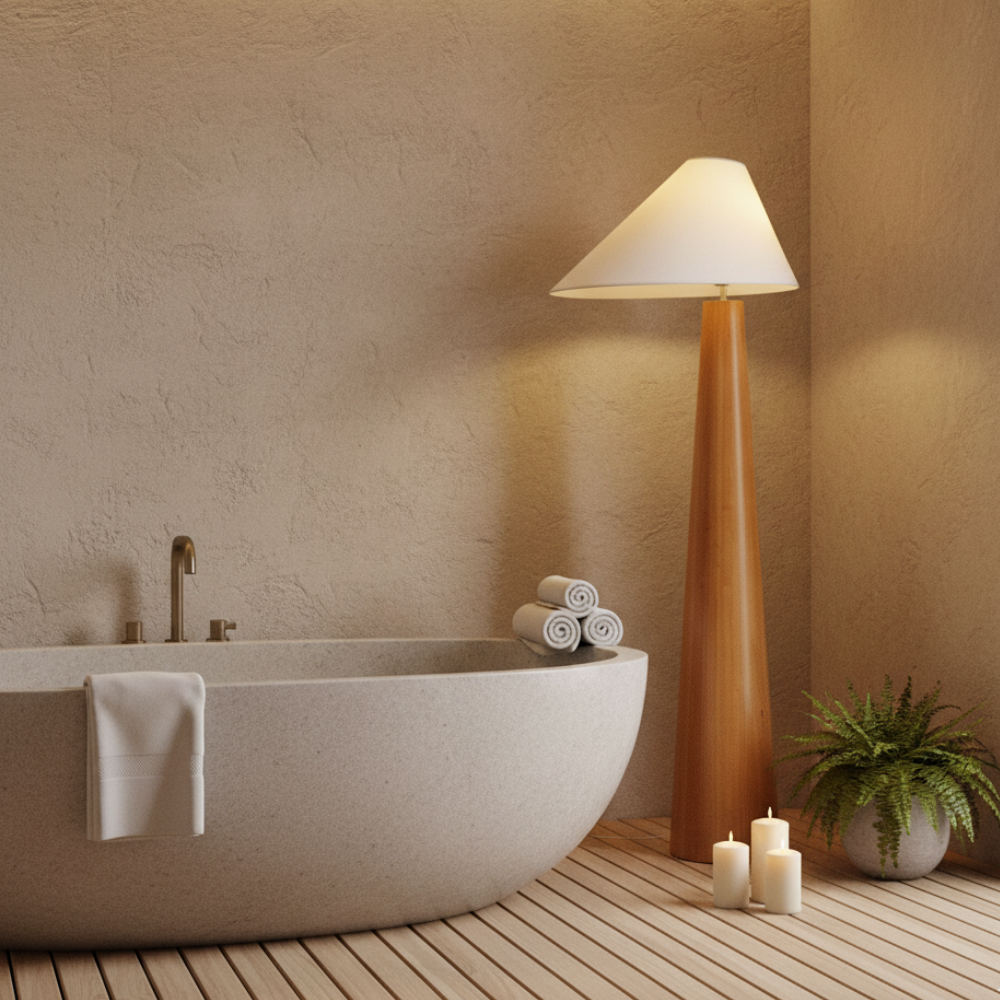 Lámpara de Suelo Moderna Alvin - Elegante Lámpara de Madera de Pie con Pantalla Asimétrica