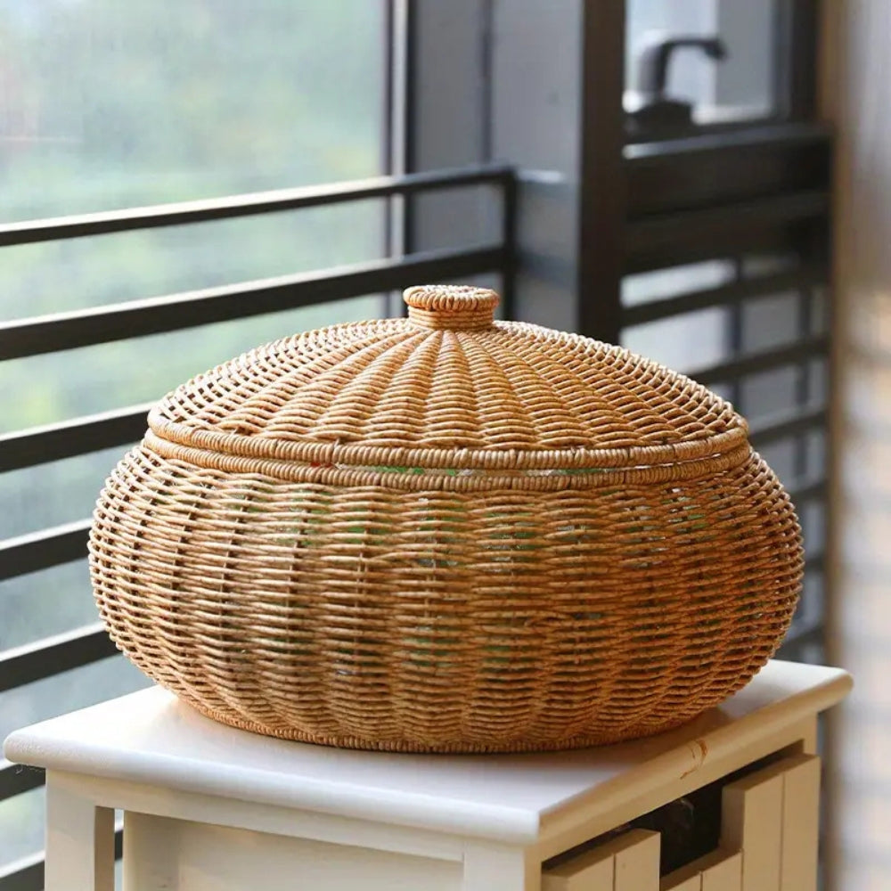 Cesta de Ratan Tejida en Forma de Cúpula con Tapa