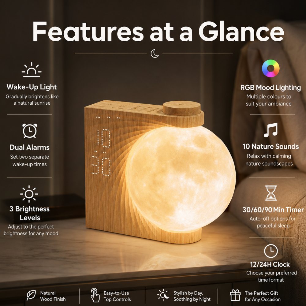 Reloj Despertador Restora Sunrise - Luz Gradual para Despertar y Lámpara de Mesita de Noche