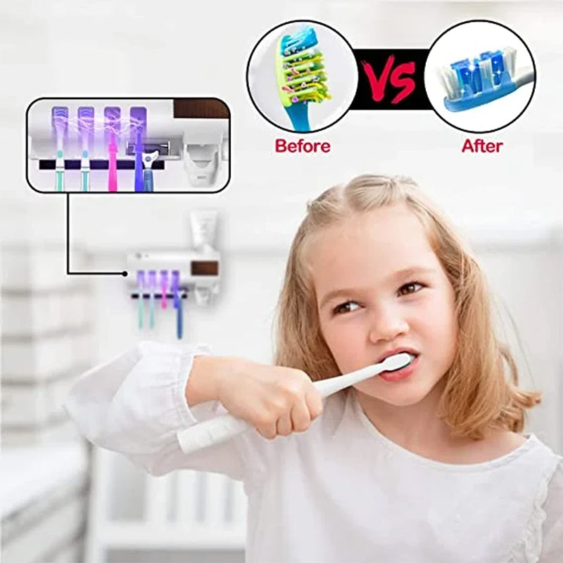 Skanto | Soporte para cepillos de dientes con esterilizador UV inteligente, dispensador de pasta de dientes montado en la pared