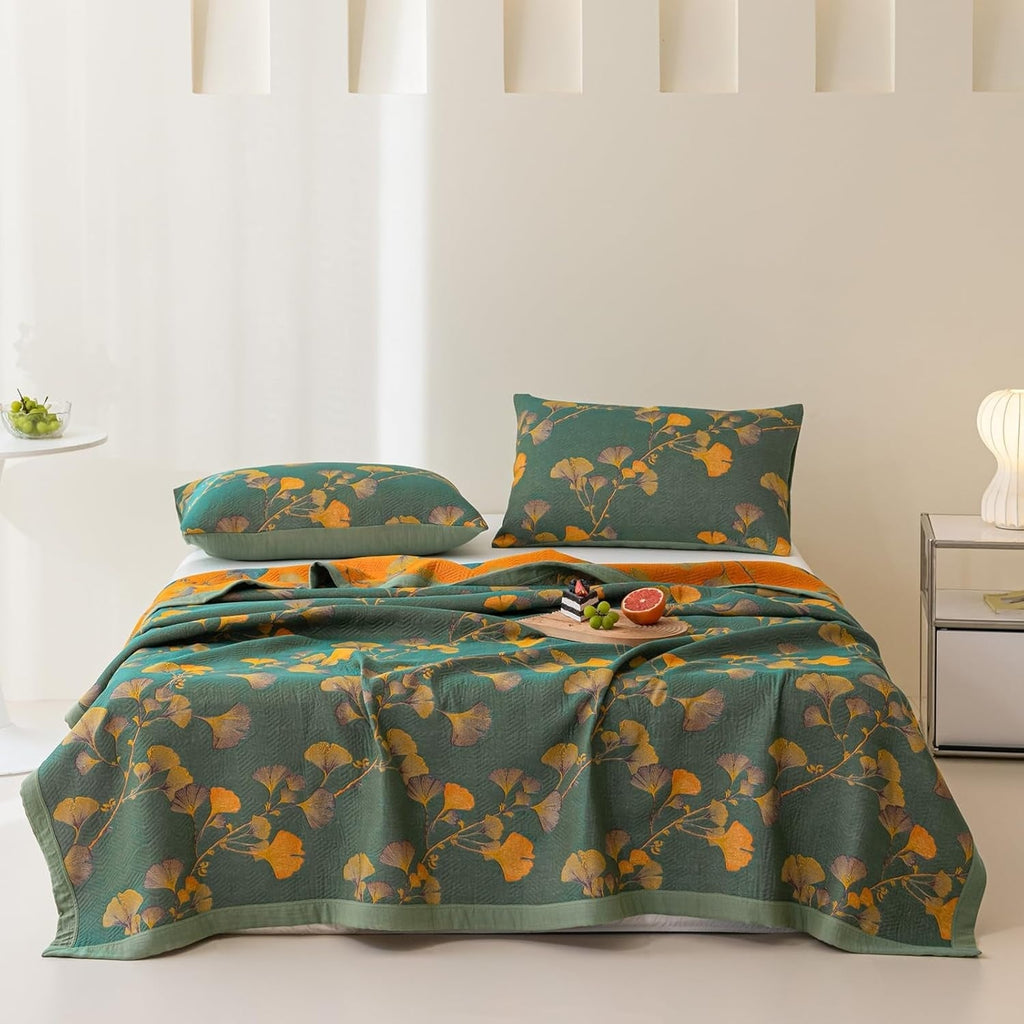 Cubrecamas Reversible de Hojas de Ginkgo Floral Jacquard