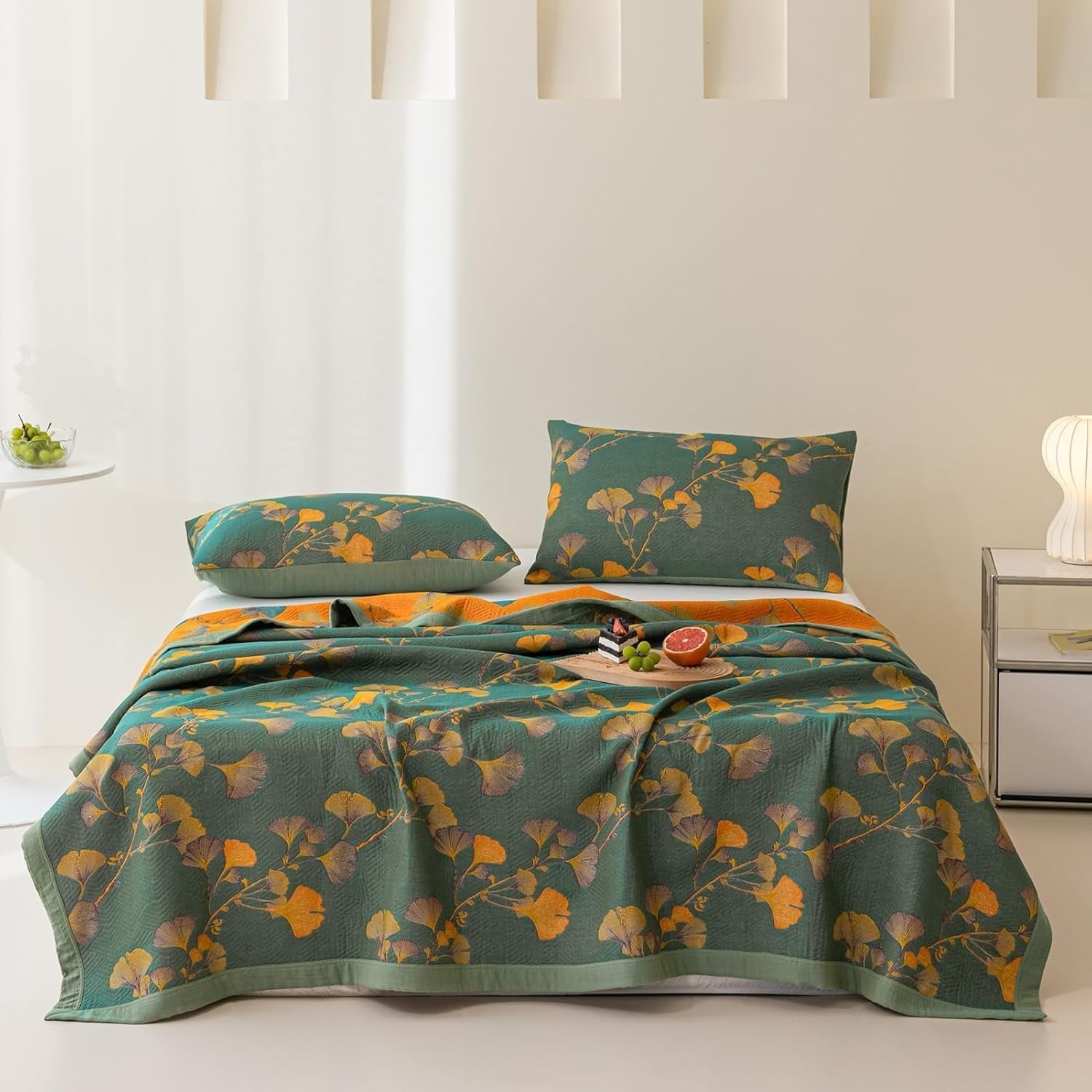 Cubrecamas Reversible de Hojas de Ginkgo Floral Jacquard