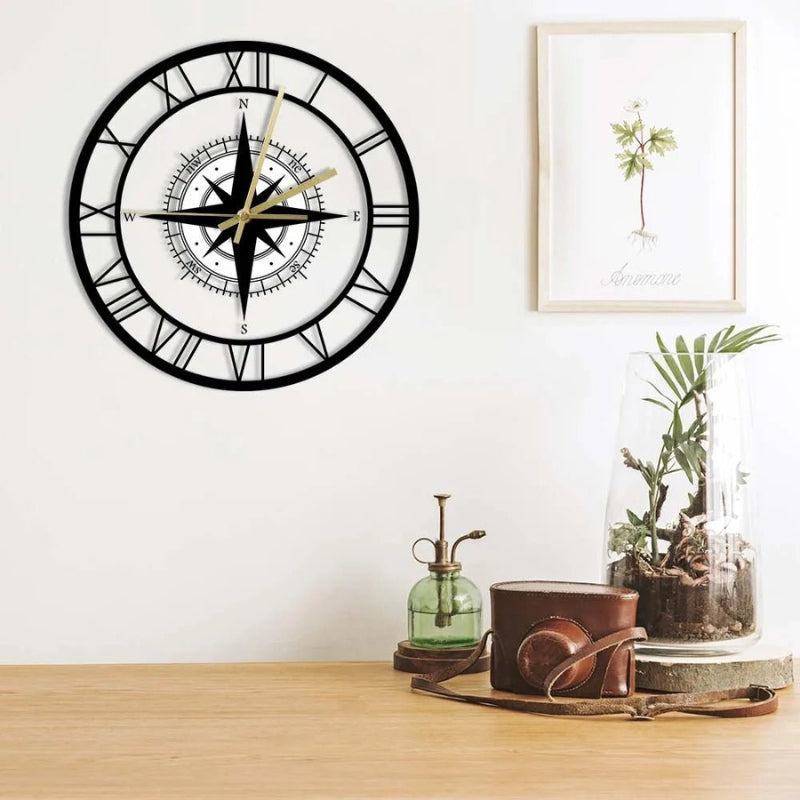 TimeCompass – Reloj de Pared Redondo con Diseño de Brújula y Mecanismo Silencioso