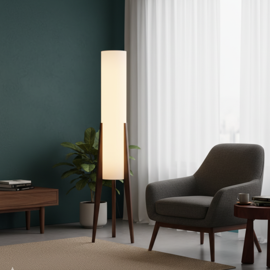 Lámpara de Pie Moderna de Nogal Elegante - Diseño Nórdico Retro para Sala de Estar