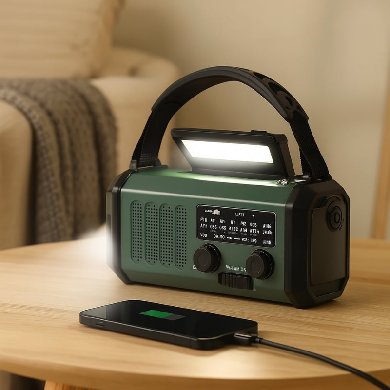 EmergencyGear – Radio de manivela solar con linterna LED y banco de energía integrado