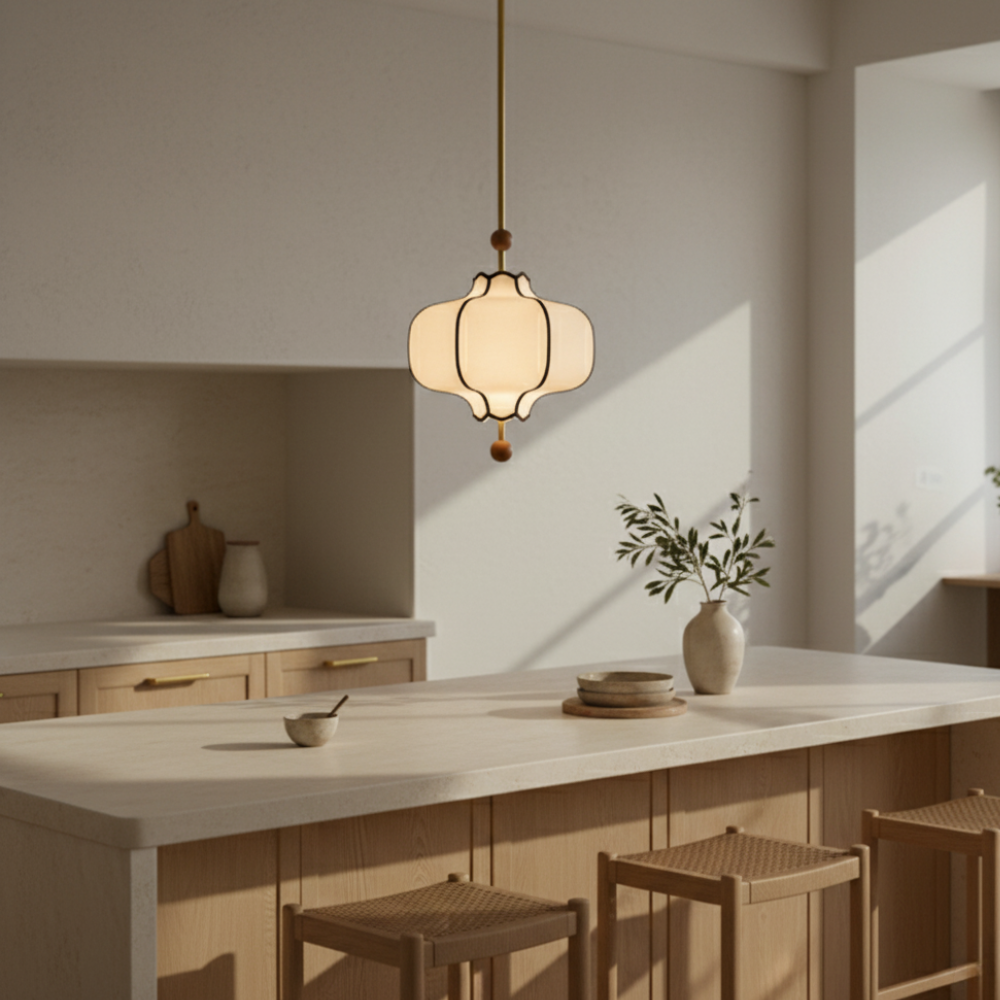 Lanora | Elegante Lámpara Colgante de Tela Moderna para Cocina con Acabados en Nogal