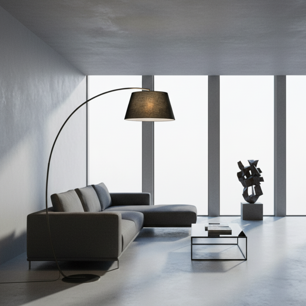 ArcoLuxe | Lámpara de pie de arco elegante y moderna con pantalla de tela para sala de estar