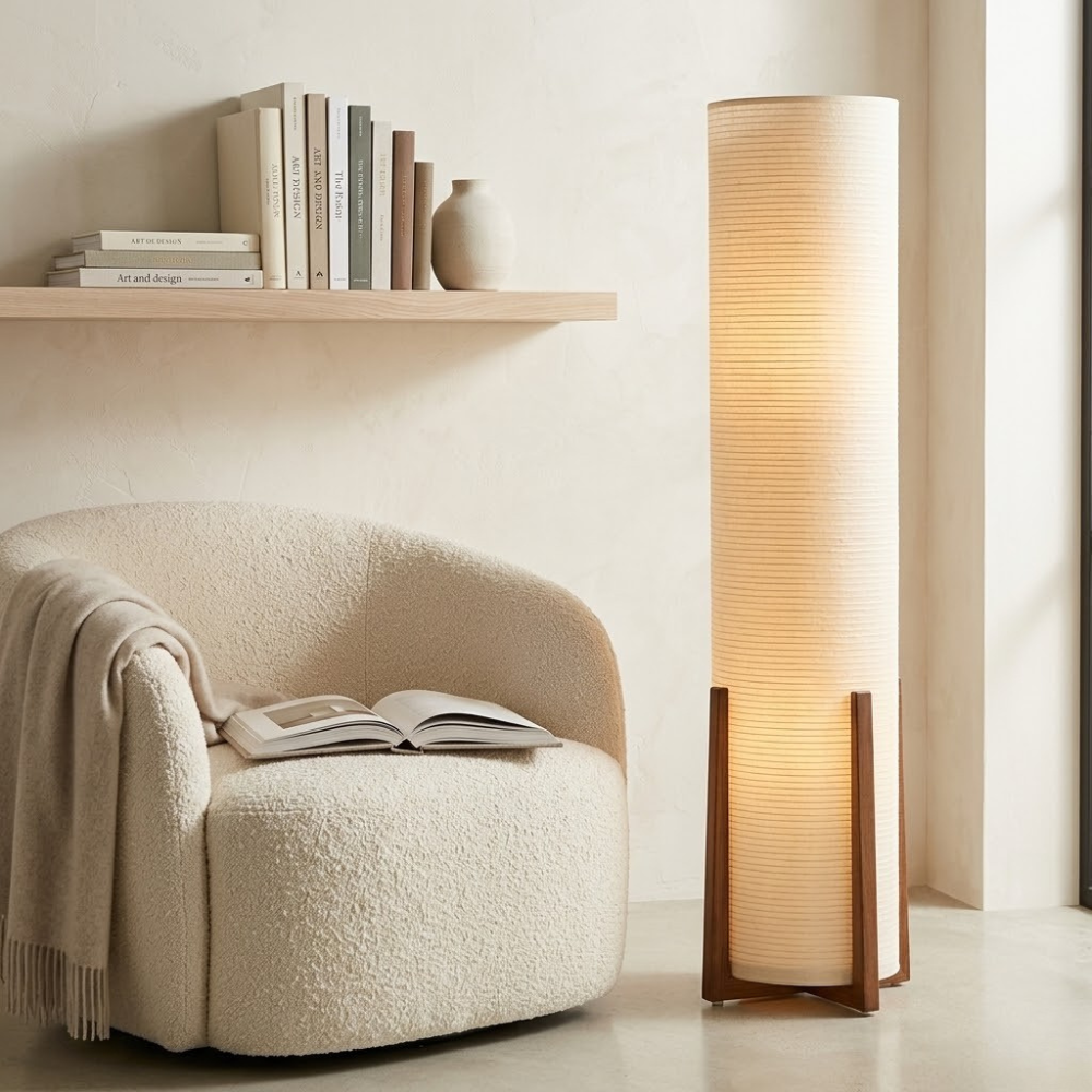 Hajime — Lámpara de Pie Tradicional Japonesa Elegante con Pantalla de Tela Blanca para Sala de Estar