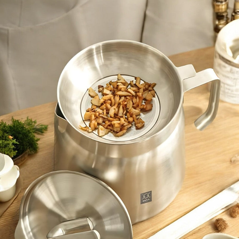 PureFry – Jarra de almacenamiento de aceite de acero inoxidable con colador, tapa y cesta para freír