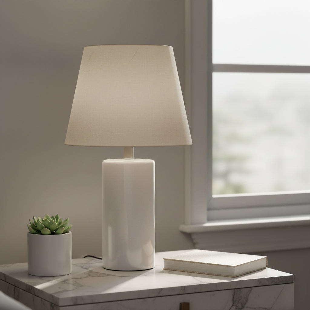 Lámpara de mesa de cerámica blanca con base cilíndrica y pantalla cónica de tela