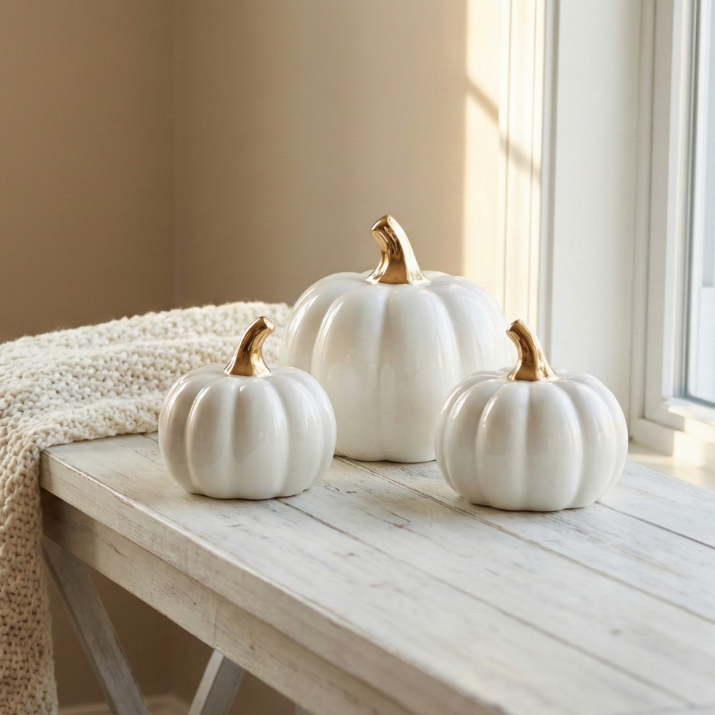 Juego de 3 calabazas decorativas de cerámica blanca