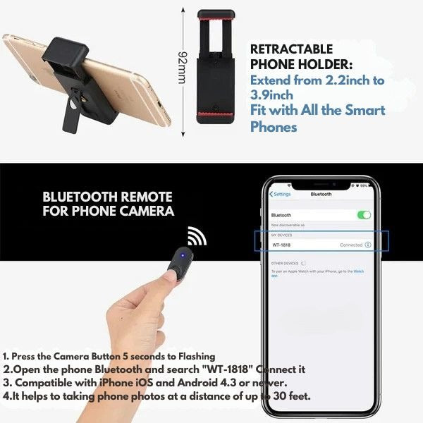 Kalsten | Trípode de teléfono extensible con control remoto Bluetooth - Bastón y soporte para selfies versátil