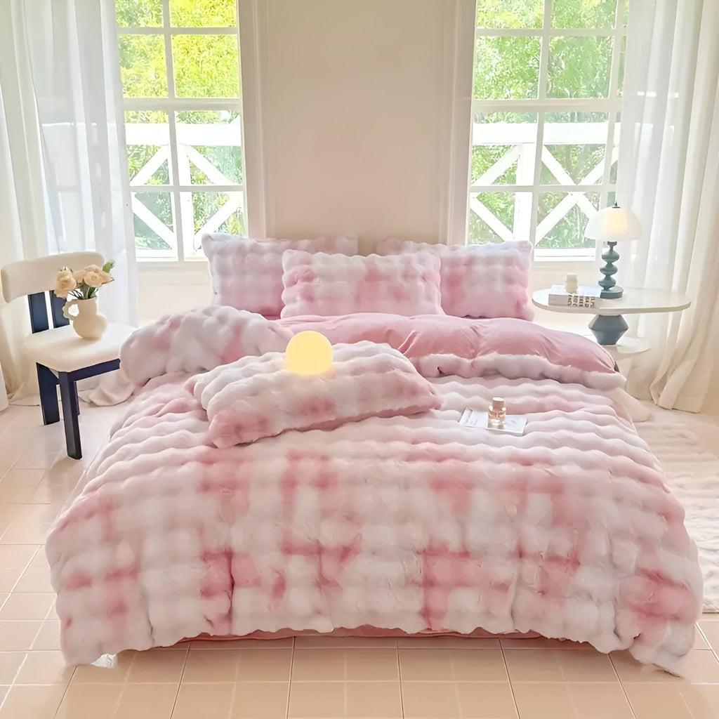 Conjunto de ropa de cama de terciopelo muy acogedor: cálido y suave para el otoño y el invierno | Diseño reversible en piel de conejo y terciopelo color leche