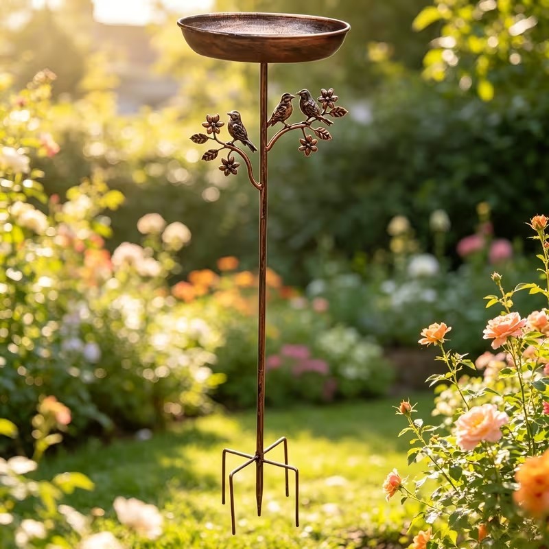Fuente para pájaros de jardín con piquete de metal en aspecto vintage cobre