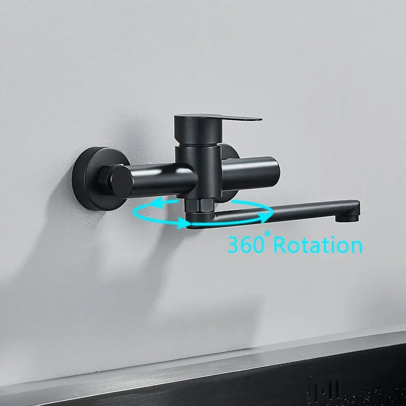 FlexiTap – Grifo giratorio de 360° montado en la pared con doble manija para controlar agua caliente y fría