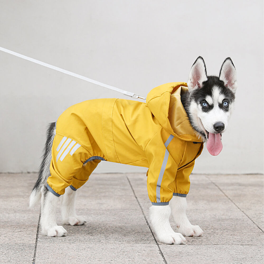 Skanto | Abrigo de lluvia para perros elegante, impermeable y ajustable con franjas reflectantes y capucha