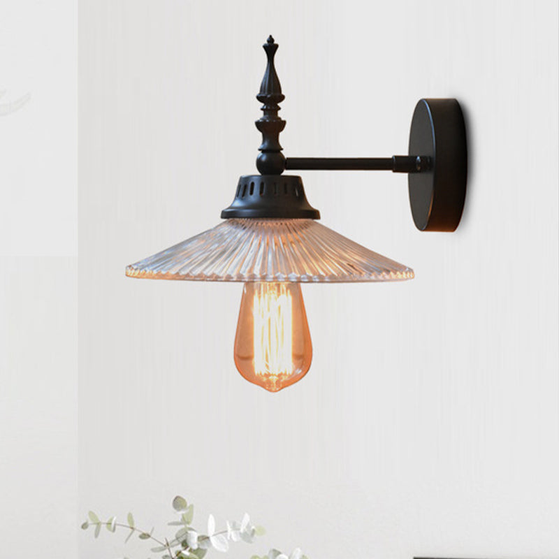 Lisslune | Luz de pared negra de vidrio claro/verde, lámpara de pared industrial de cono/flare ancho de 1 luz para sala de estar