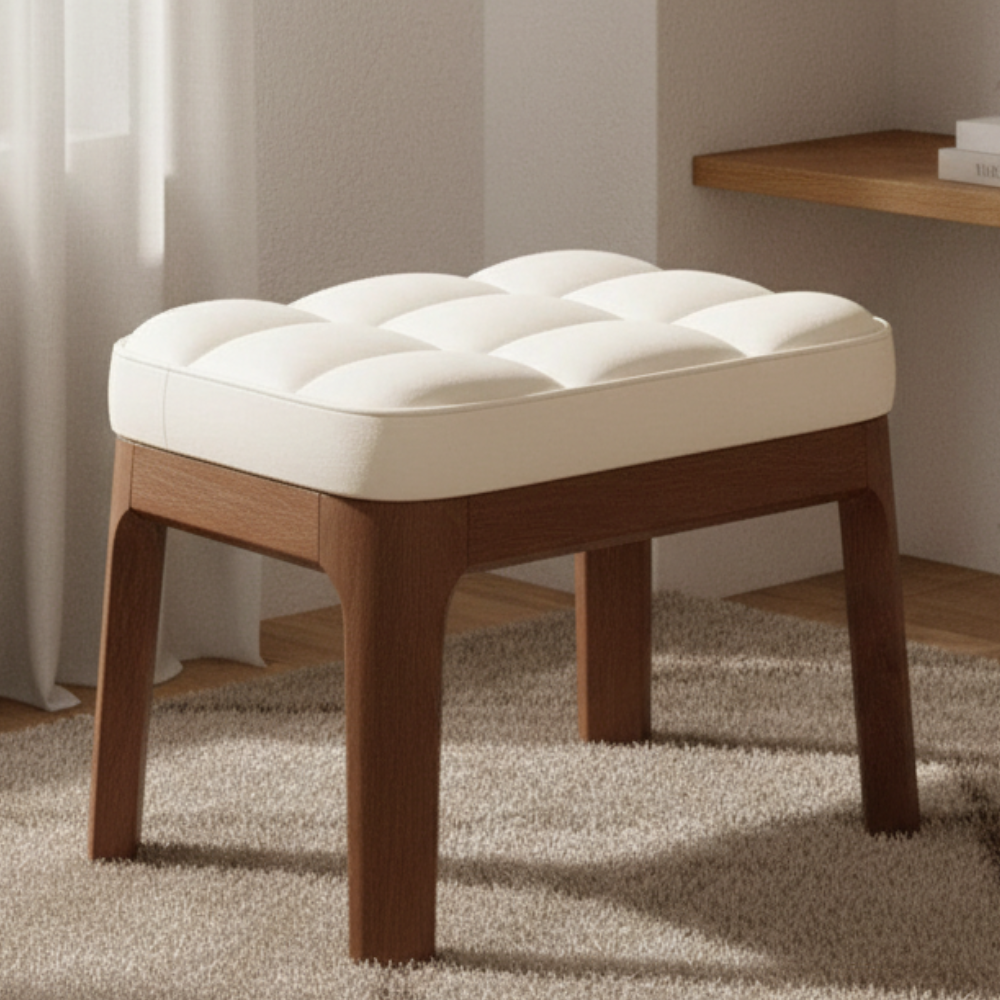 Taburete Bajo Moderno Minimalista - Tapizado en Cuero PU y Estructura de Madera Sólida