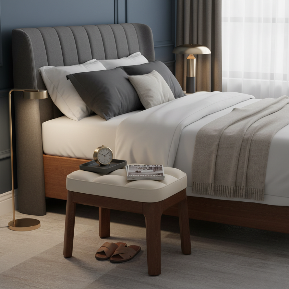 Taburete Bajo Moderno Minimalista - Tapizado en Cuero PU y Estructura de Madera Sólida