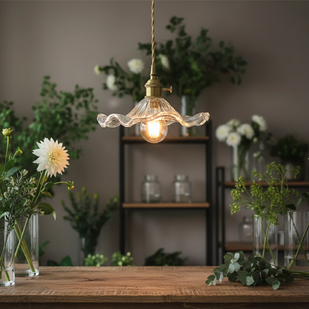 Lámpara Colgante Elegante en Forma de Pétalo - Pantalla de Vidrio Estriado y Accesorio de Latón para Iluminación de Cocina