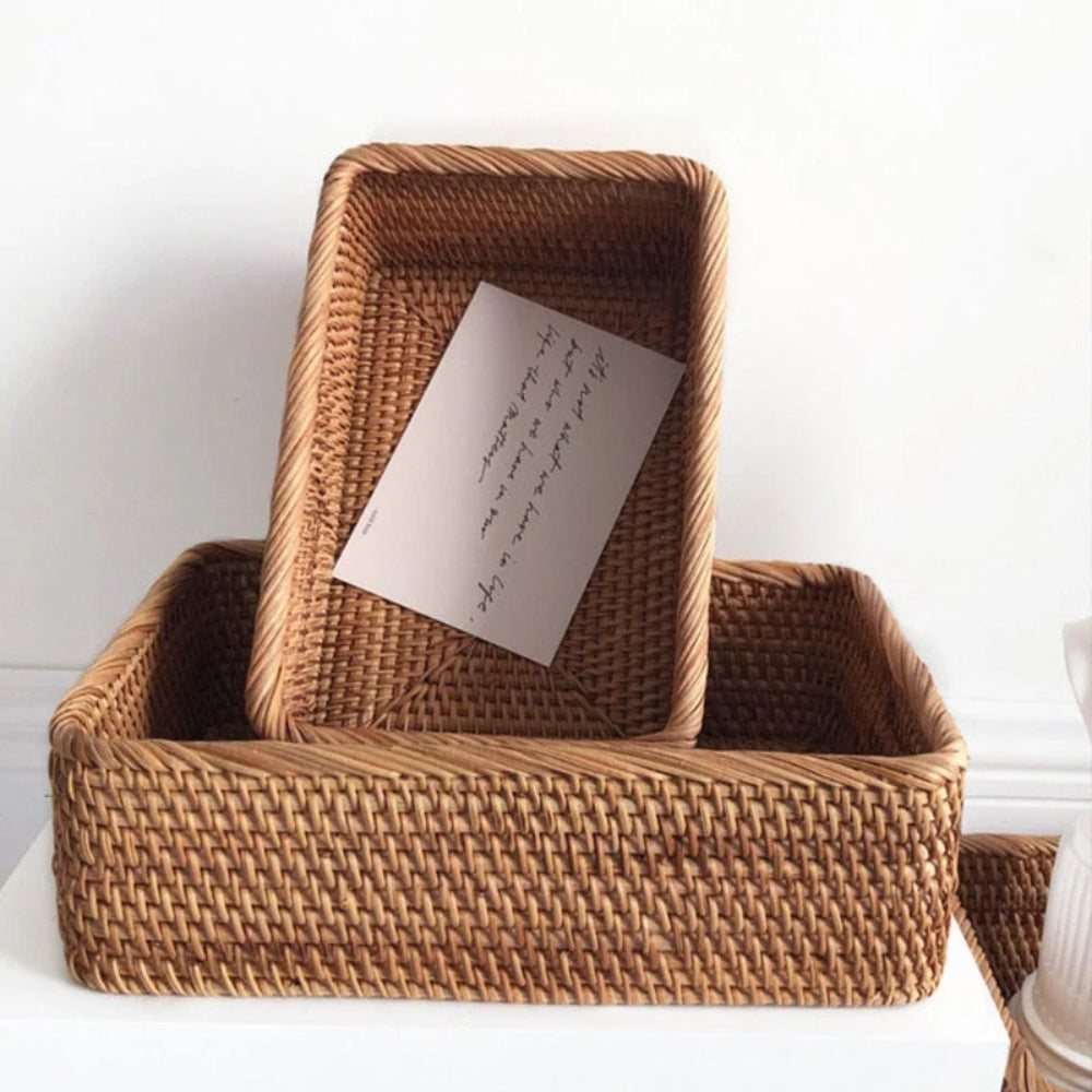 Cesta de Almacenamiento Rectangular de Ratán Artesanal